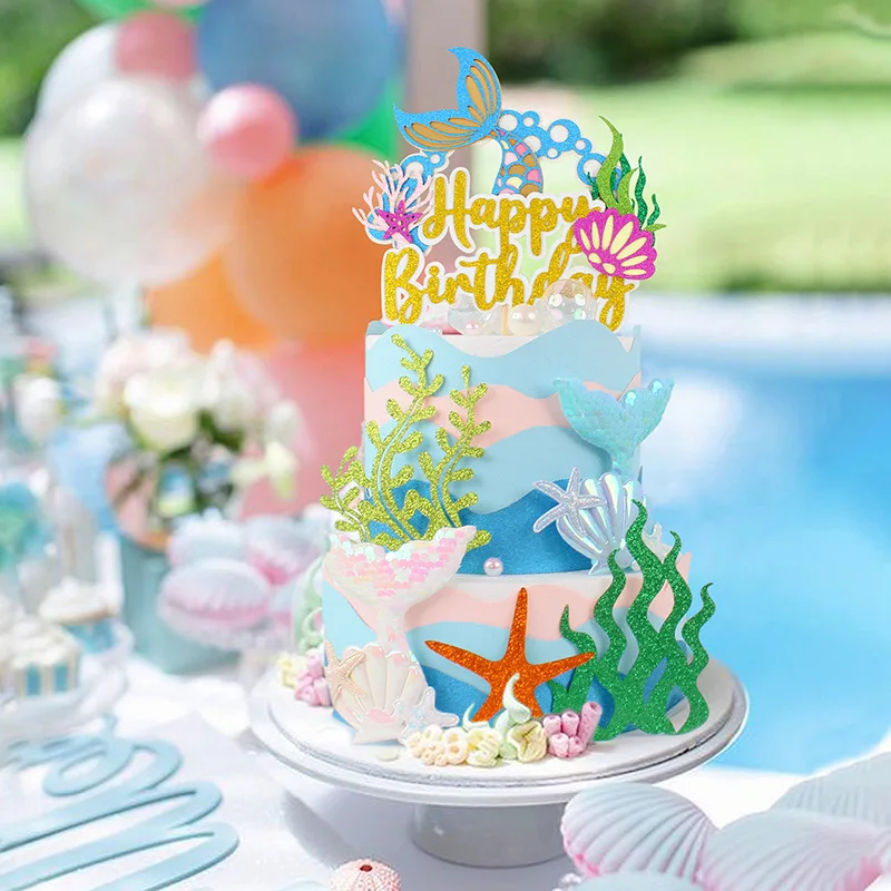 

Mermaid Seaweed Cake Toppers Under the Sea Theme Birthday Party Baby Shower Supplies Glitter Mermaid Tail Cupcake Decorations