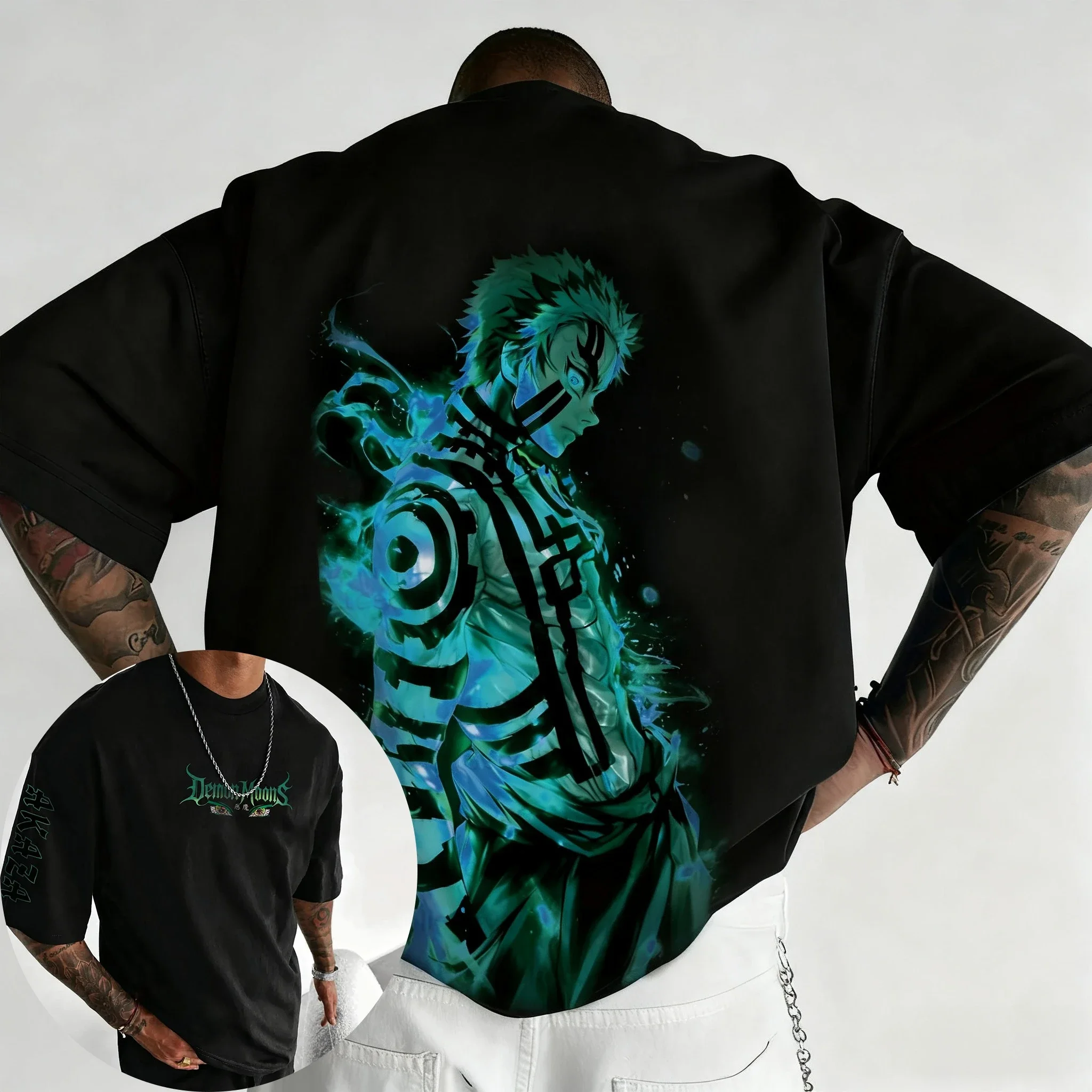 شيطان القاتل أنيمي أكازا مطبوعة القطن تي شيرت 2026 الرجال الصيف جديد الهيب هوب الأمريكية العصرية عادية اليومية Y2K الوالدين والطفل