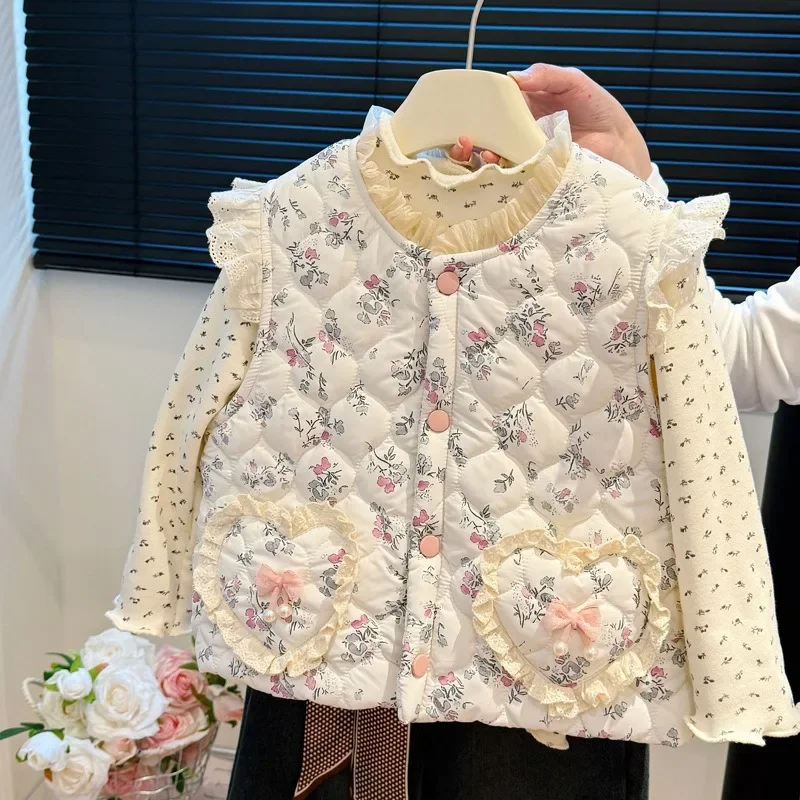 UNITIM Herbst Winter Kinder Mädchen Weste 2-8 Jahre Mädchen Blumendruck Ärmellose Jacke Lose Verdickte Warme Kinder Mädchen Oberbekleidung – Detail 6
