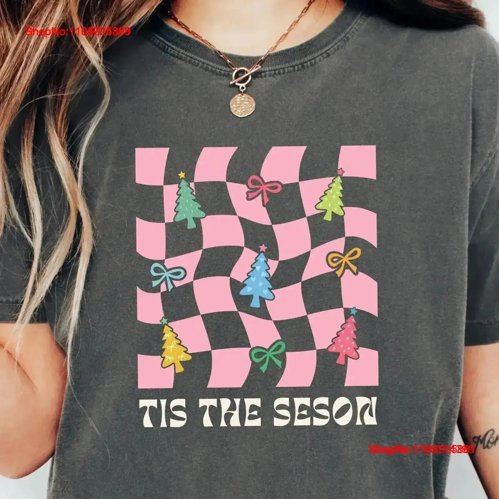 Tis The Season Checkered T Shirt Pastel Christmas Holiday Top Cute Tree Festive Bow vintage Washed For Everyday Wear vintage