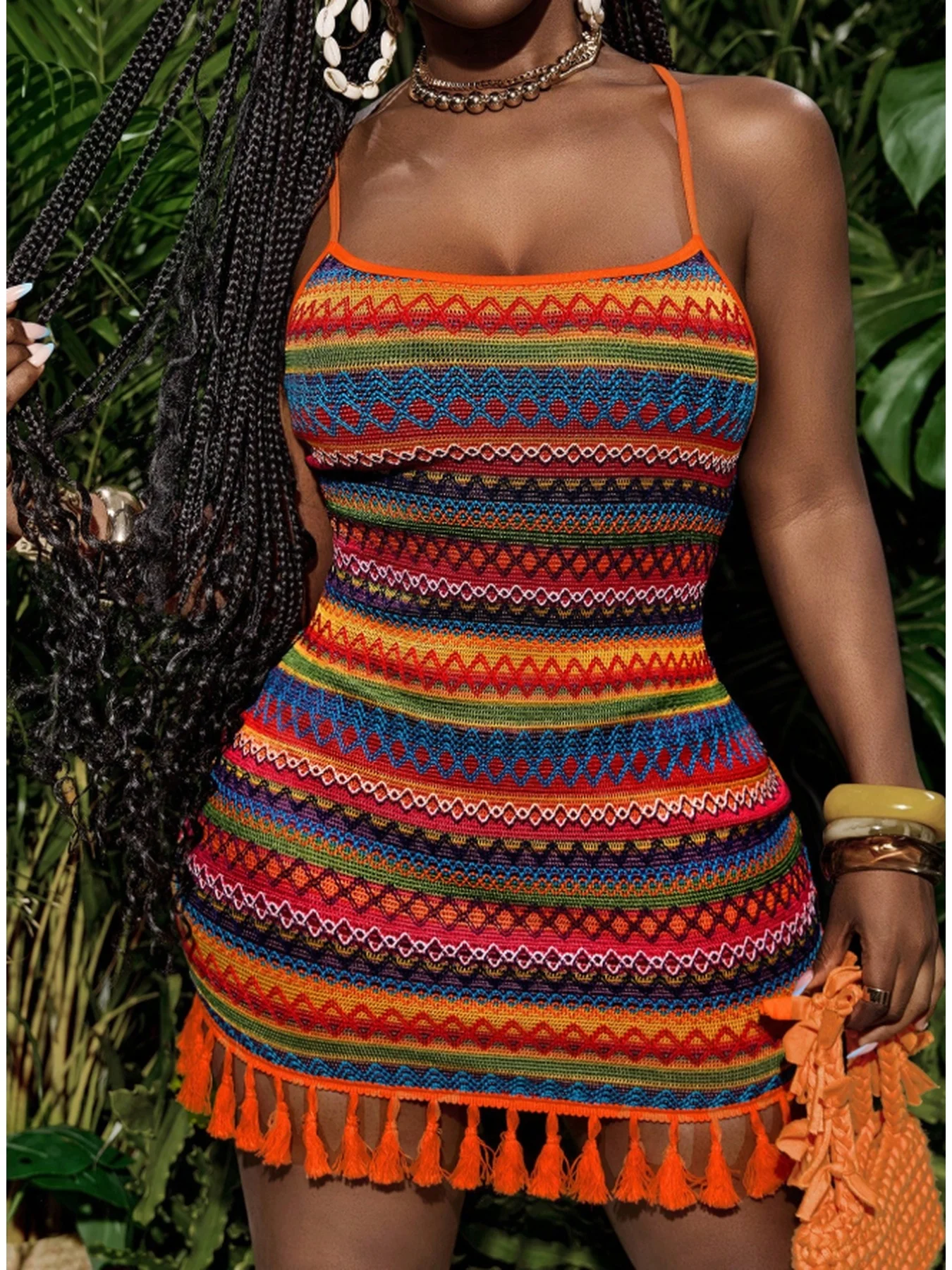Damen-Freizeitkleid mit geometrischem Muster, Rundhalsausschnitt, Träger, bequemer Schnitt, tailliert, Minirocklänge – Detail 3