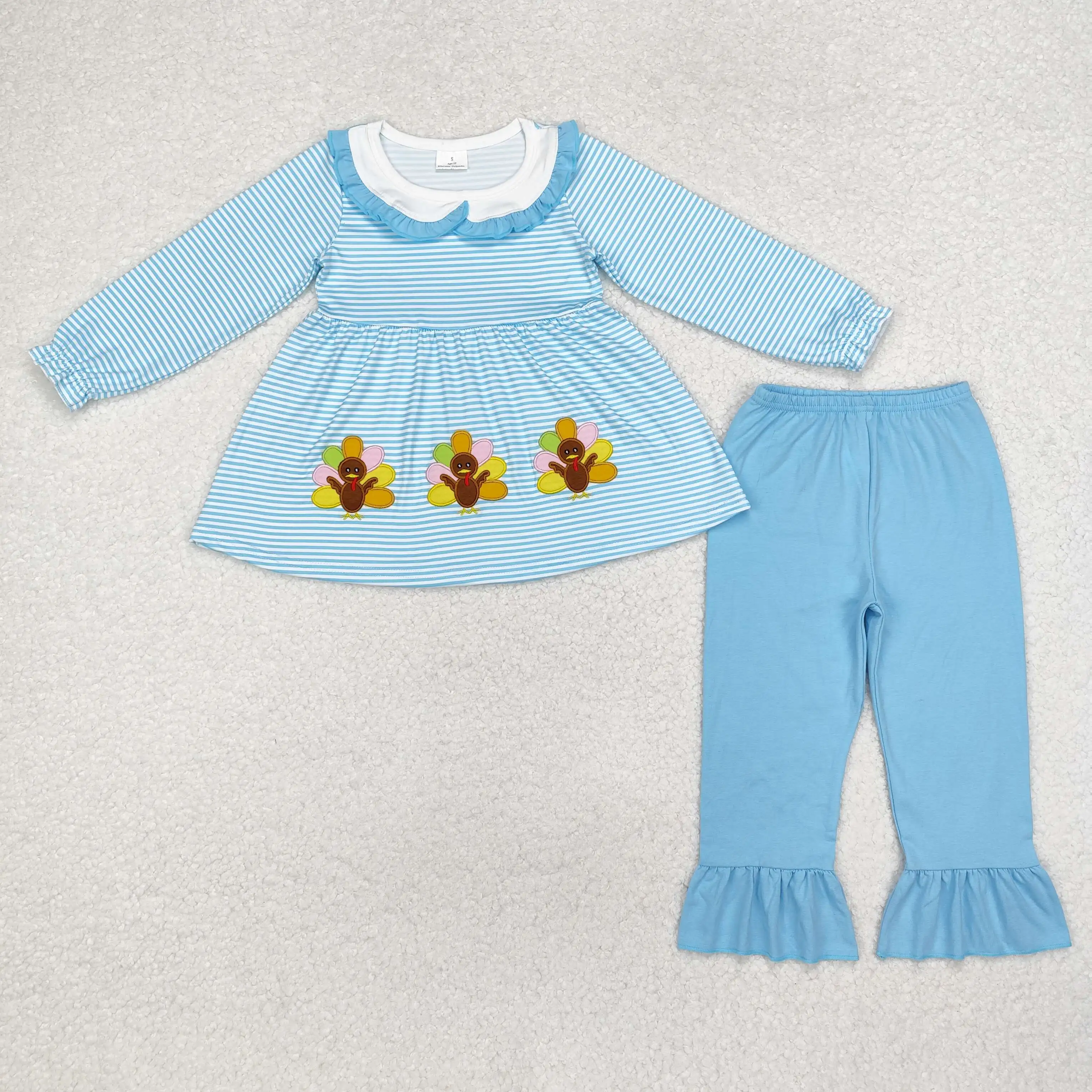 GLP1768 Kids Girls Autumn Outfit Sets Long Sleeves Embroidered Turkey Collar Blue Stripes Print With Trousers Children Clothes