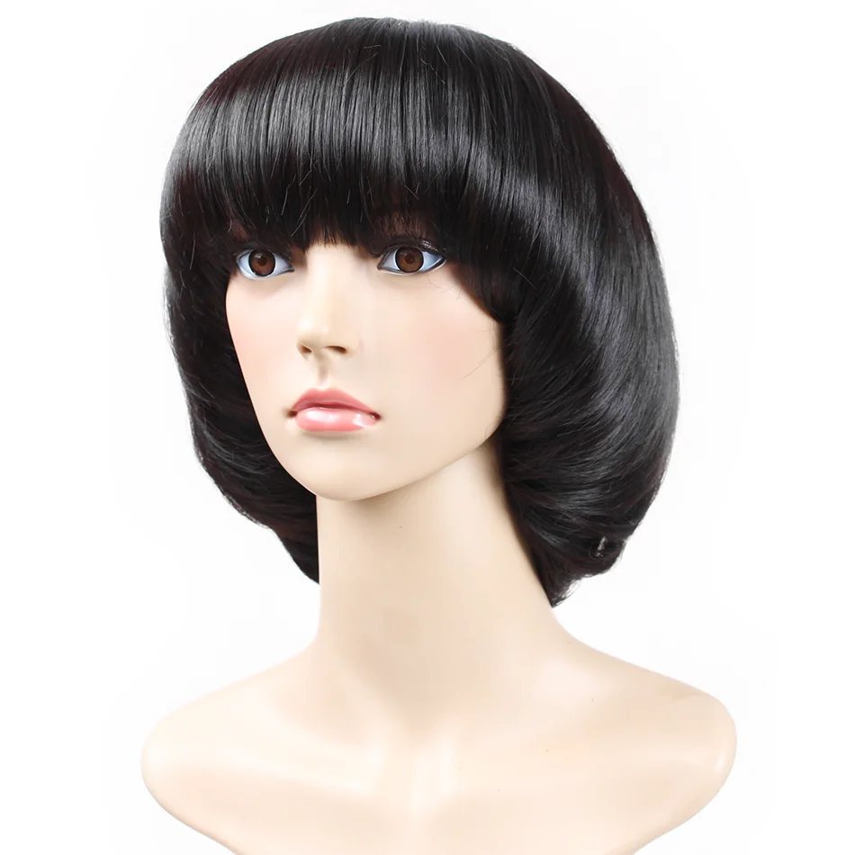 Short Mushroom Bob Wig with Bangs 8inch Black Synthetic Hair Wig for Women Daily Use