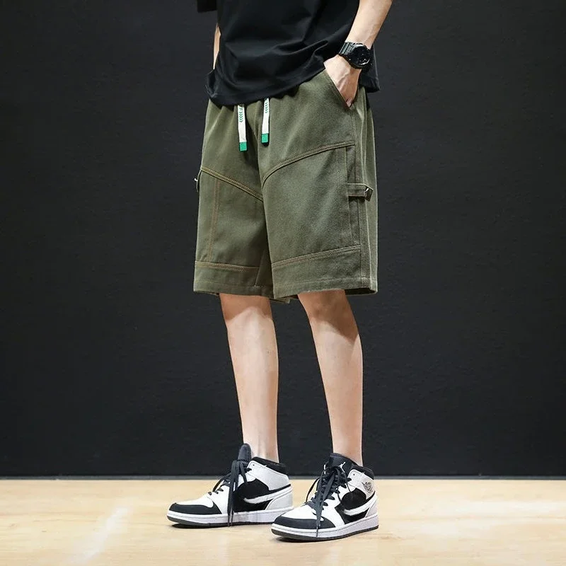 

Мужские шорты-карго свободные с завязками-бермуды большого размера, длинные короткие брюки для мужчин, однотонные, широкие, полумешковатые, большого размера, с эластичной резинкой на талии