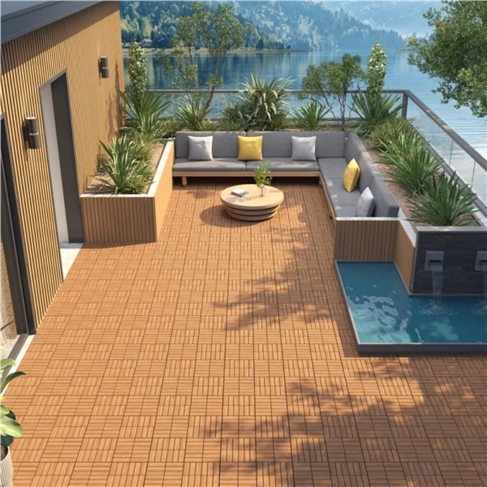 10pcs Waterproof Acacia Wood Interlocking Flooring Tiles for Patio Garden,Used