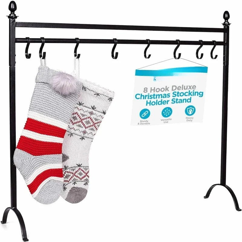 8 Hook Deluxe Christmas Stocking Holder Stand  Iron Metal Design for Hanging Stockings, Ornaments, and Holiday Decor - Black