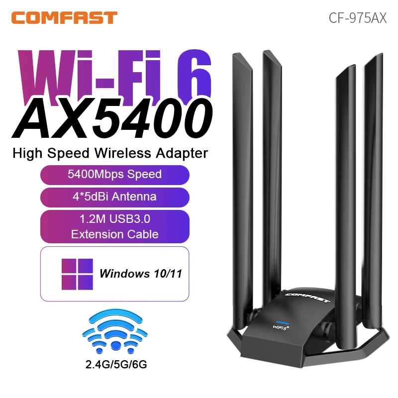 محول Comfast AX5400 WiFi6 2.4G&5G&6G ثلاثي الموجات 5374Mbps بطاقة شبكة لاسلكية عالية السرعة USB3.0 دونجل ألعاب 4*5dBi هوائيات