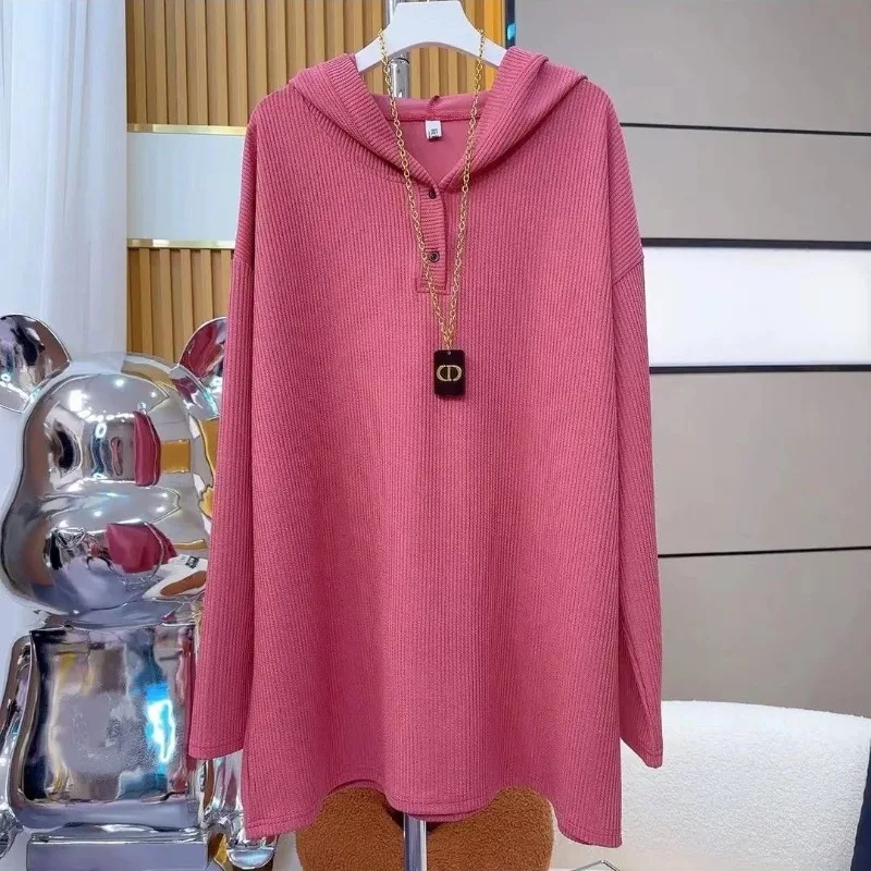 Spring and Autumn New Women's Basic Solid Color Hoodies All-match Midi Patchwork Hooded Button Ruched Loose Long Sleeve Tops