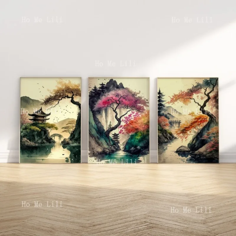 

Японский настенный художественный набор без рамы из 3-х принтов, акварель, подарок на новоселье в стиле бохо, пагода, Сакура, природа, весна, цветение вишни, дом