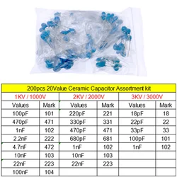 200pcs 20Value 18pF-223M Ceramic Capacitor Assorted Set 1KV 2KV 3KV High Voltage Capacitance Assorted Kit