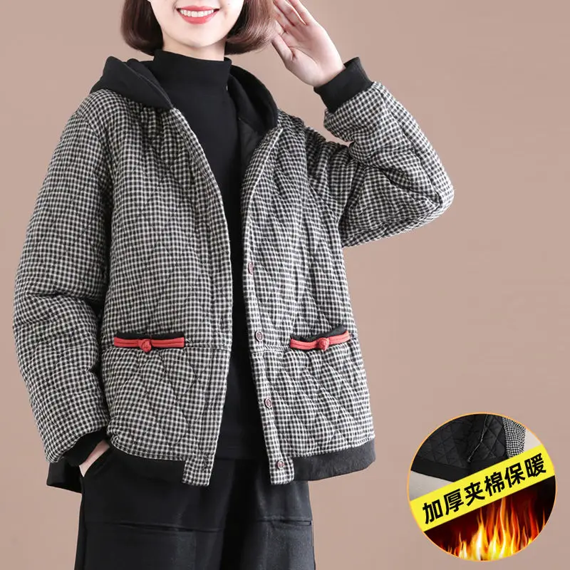 2024 Winter Plaid Hooded Cotton Short Coats Women\'s Clothing Disc Buckle Quilted Thick Warm Padded Jackets Girls Outerwear fp263