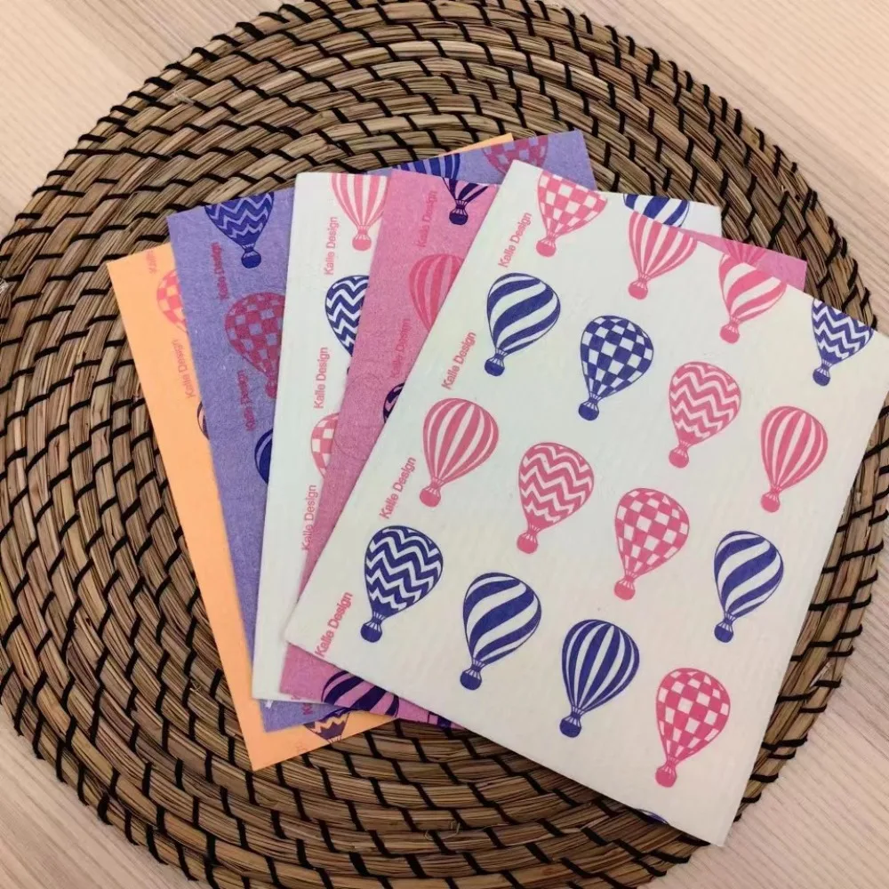 High Quality Reusable Cellulose Sponge Cloth with Hot Air Balloon Pattern Durable Swedish Dishcloths Colorful Kitchen Dishcloths