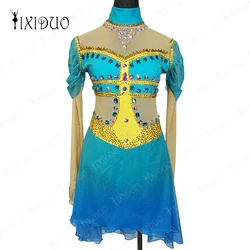 Women Skating Suit Exotic New Art Competition Tight Rhinestone Long Sleeve Blue Girl Figure Skating Suit Comfortable Ballet Suit