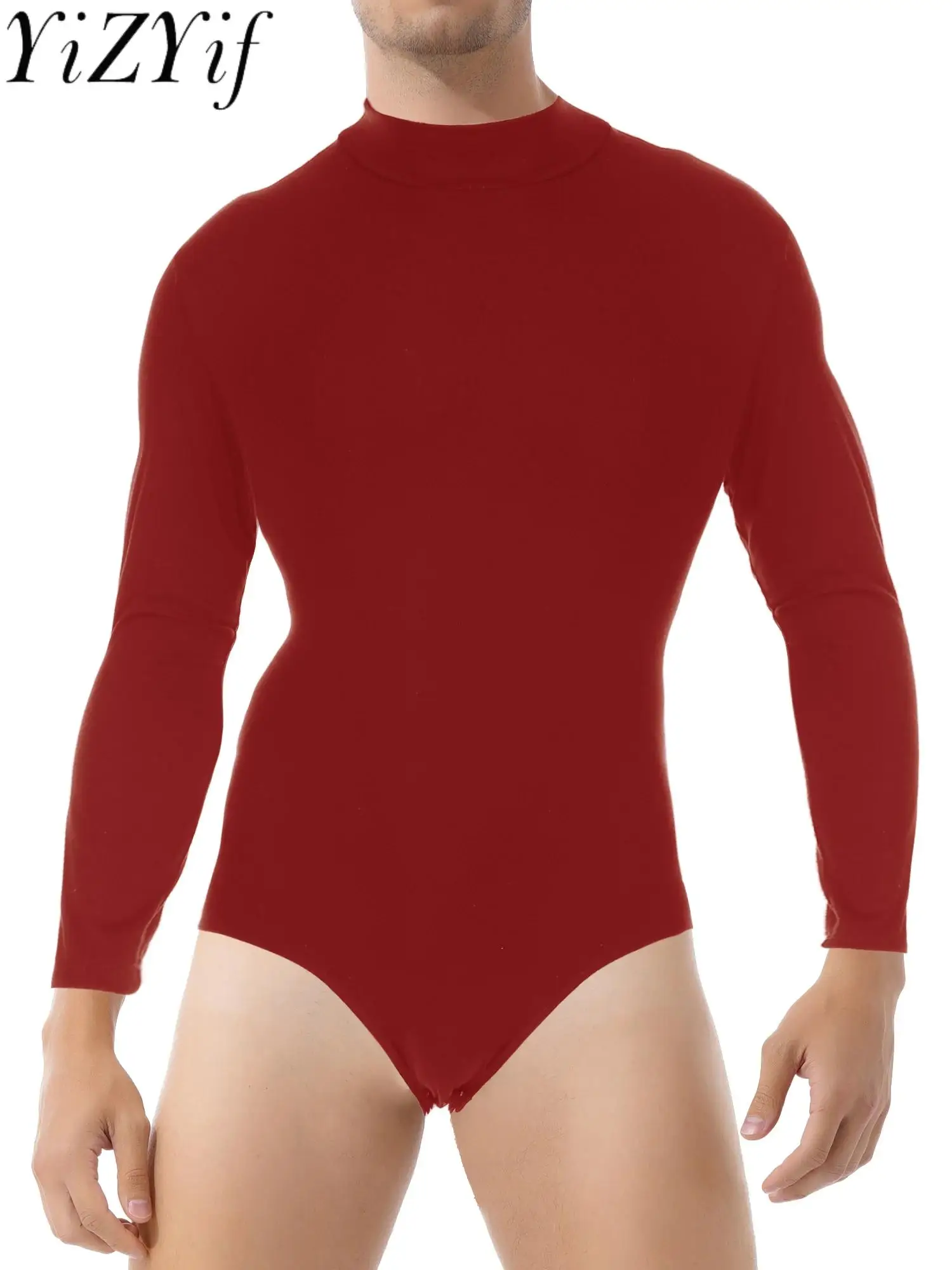 Mens Long Sleeve Bodysuit Gymnastics Figure Skating Dance Costume One-Piece Undershirt Casual Press Button Crotch Leotard Outfit