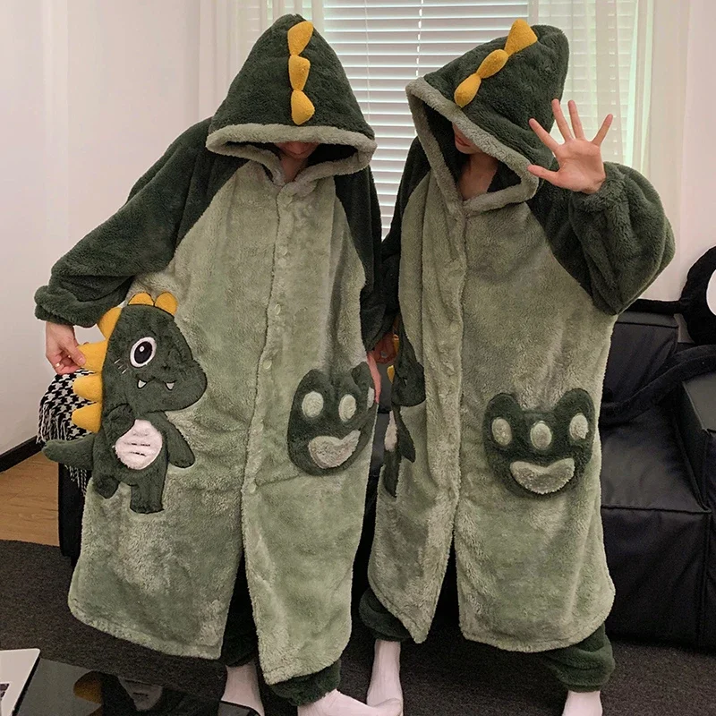 Kigurumis Dinosaur Pajamas Women's Robes Cartoon Couples Coral Velvet Men Nightgown Winter Thick Robe Two piece set Loung Pajama