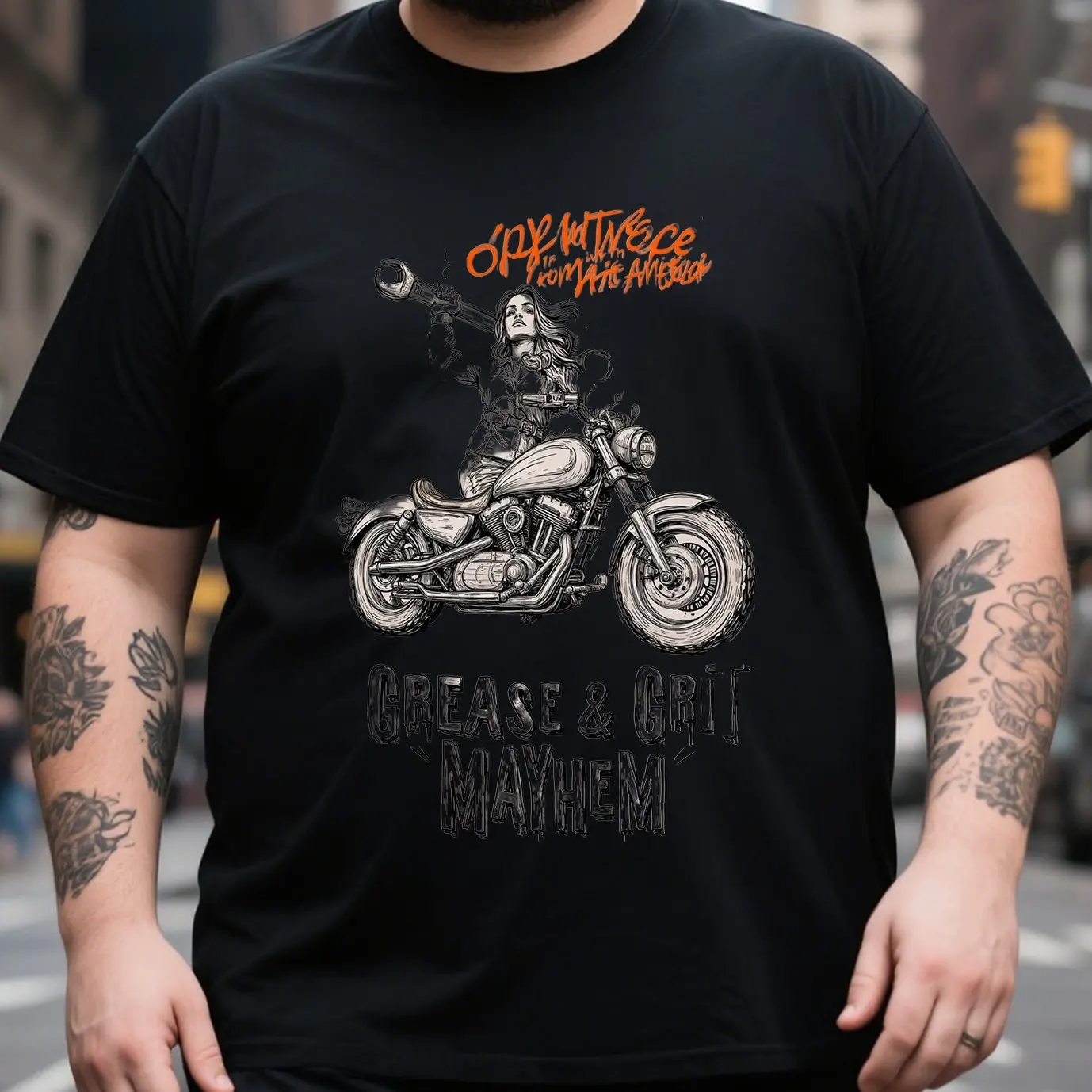 

Men's 100% Cotton T-Shirt - Grease & Grit Mayhem Motorcycle Pattern Short Sleeve T-Shirt - Regular Casual Cycling Apparel
