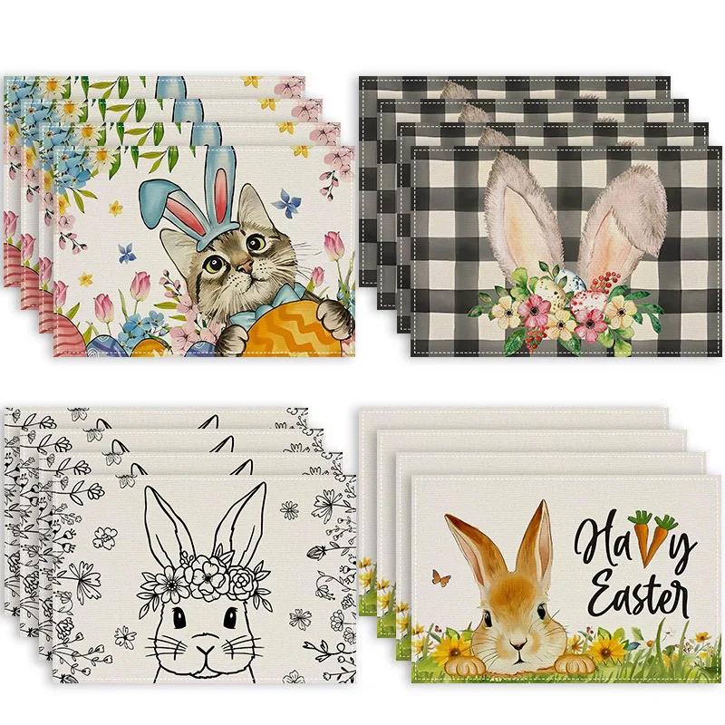 Bunny Happy Easter Set of 4 Placemats, Seasonal Spring Kitchen Table Decoration Indoor Holiday Party Decor 30x45cm