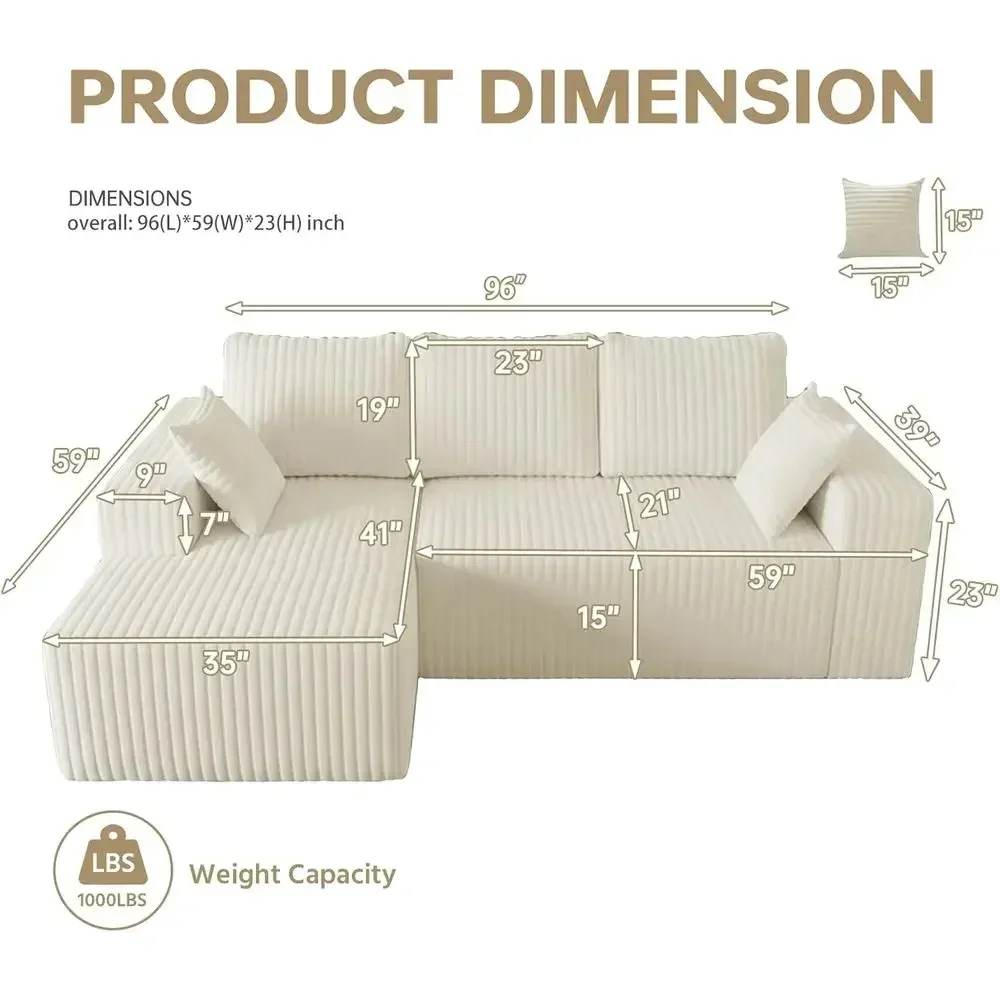 96 Sectional Cloud Couch with Oversized Chaise, Deep Seating, Memory Foam, L-Shape for Living Room or Bedroom, No Assembly Neede