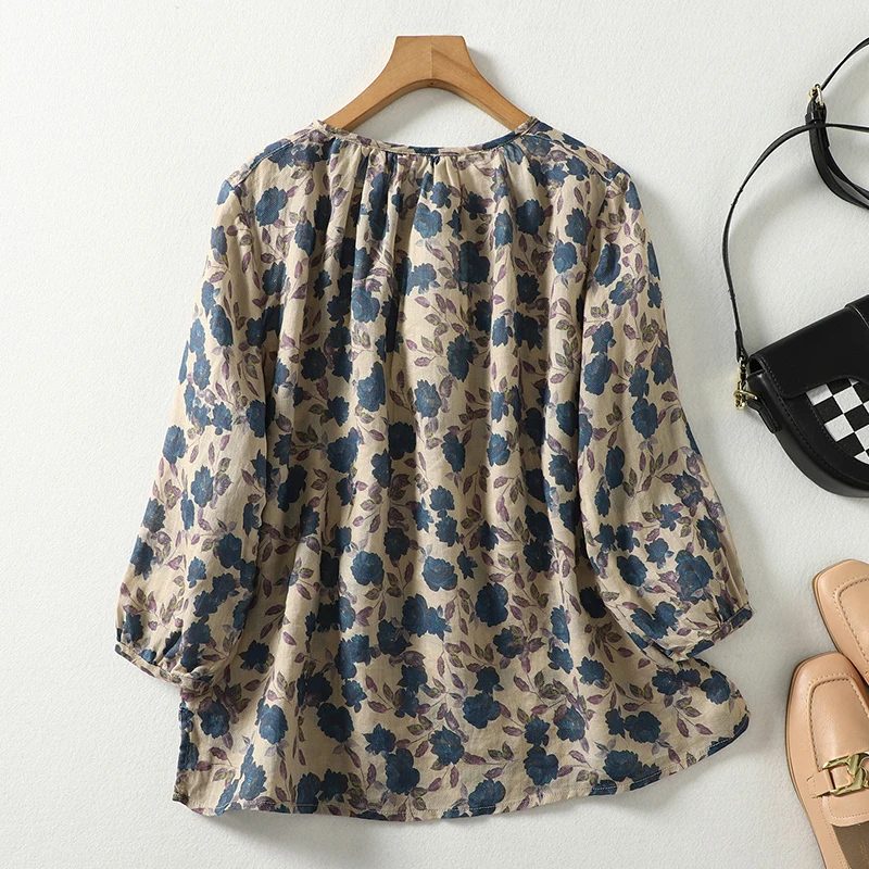 Blue Floral Printing Linen O-Neck Lantern Sleeve T-shirt Loose Women\'s Blouse Shirt Korean Fashion Female Clothing Tops 2024