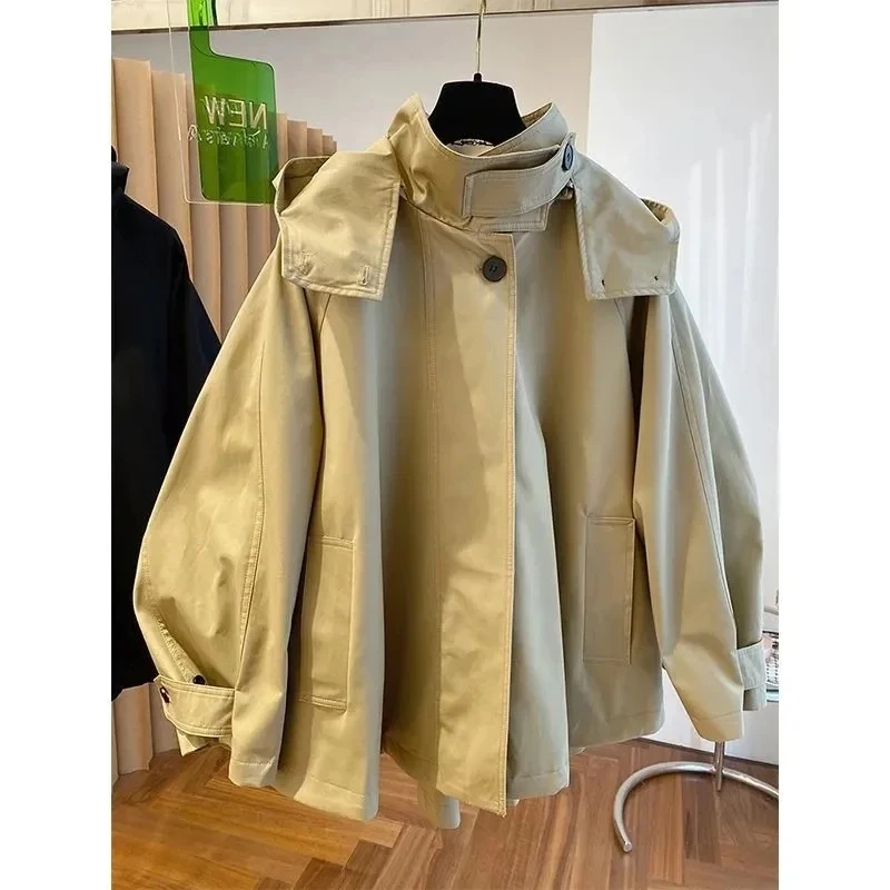 American Vintage Long Sleeve Hooded Trench Women Casual Wide-Waisted Zipper Utility Style Coat Button Patchwork 2025 Autumn