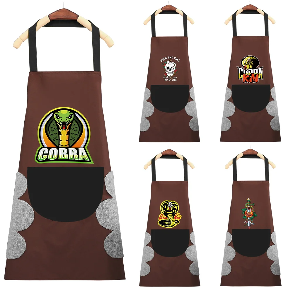 

Waterproof Apron Hand-wiping Kitchen Cooking Apron Cobra Pattern Household Oil Proof Cleaning Pocket Overalls Wipe Hand Aprons