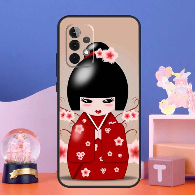 Japanese Geisha Kokeshi Doll Case For Samsung Galaxy A52 A32 A22 A12 A14 A24 A34 A54 A53 A33 A13 A15 A25 A71 A51 Cover