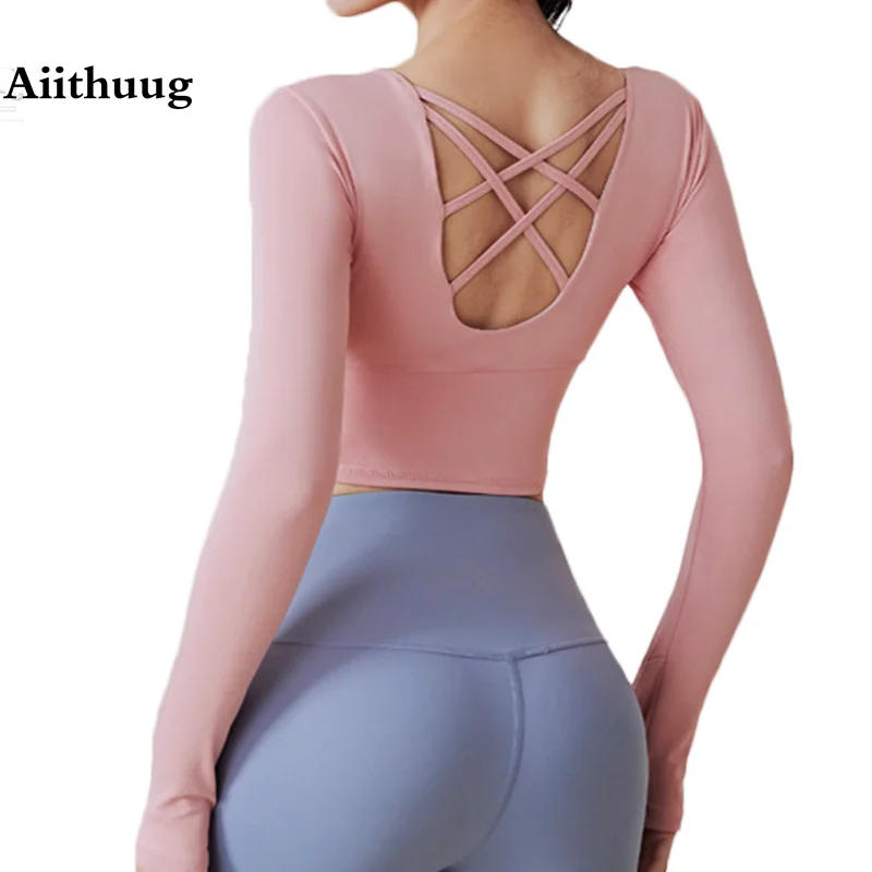 

Aiithuug Yoga Tops Crisscross Back Build-in Cup Long Sleeve Gym Shirts Workout Fitness Long Sleeve Top Sports Crop Tops Active