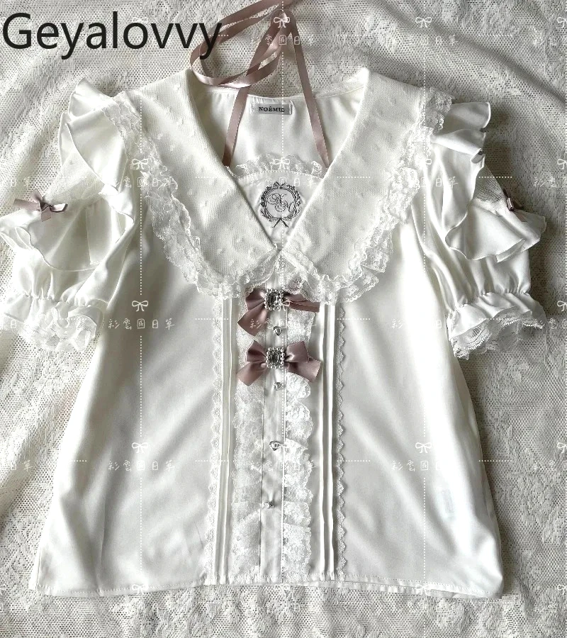 

Летняя новая универсальная рубашка в японском стиле Landmine Series на шнуровке с вышивкой, кружевные топы с открытыми плечами и короткими рукавами для милых девочек