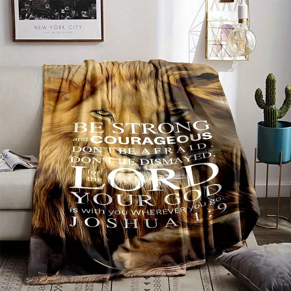 Rustic Lion Bible Verse Throw Blanket - Reversible, All-Season, Cartoon Pattern, Non-Woven Polyester, Inspirational Joshua 1:9 S