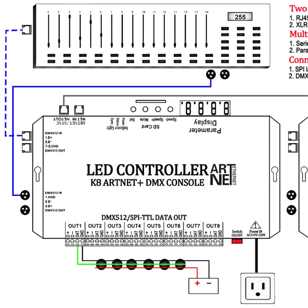 LED Controller K8-ARTNET AC110V-220V Addressable 8192 Pixels SD Card Full Color LED Controller