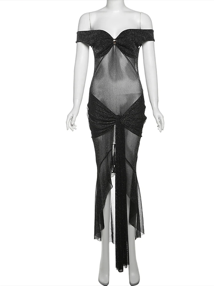kliou Paillettes Maglia Abito lungo da donna Sexy Stupendo trasparenza Slash Neck Nastri irregolari Fasciatura Abito femminile Abito da notte