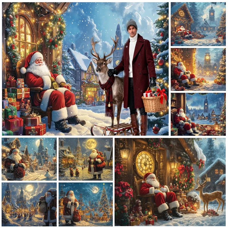 Christmas Decorations Backgrounds For Photographs Santa Claus Snowy Town Xmas Tree Gifts Wreath Kids Family Portrait Backdrops