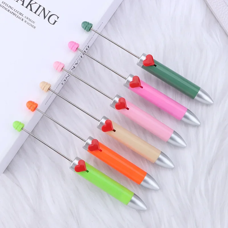 12pcs DIY Beaded Pen Heart Beadable Pens Free Logo Student Office 7-color Ballpoint Pen Set Beads Cartoon Pens for Writing