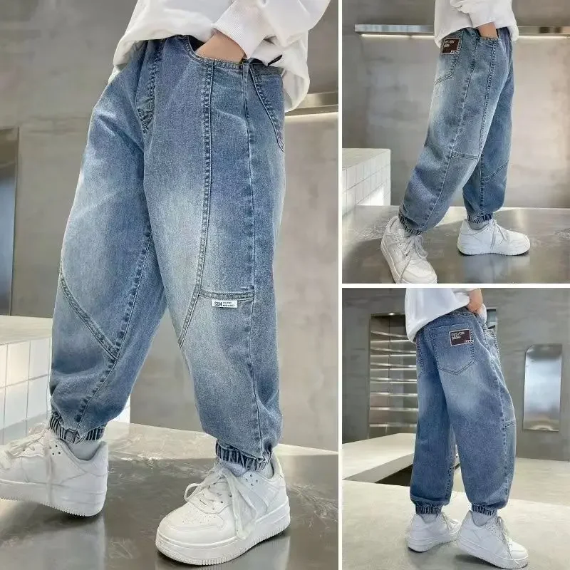 

Спортивные джинсы свободного кроя в стиле пэчворк с манжетами для мальчиков Легкие джинсовые длинные брюки для мальчиков на весну и осень - подростковый цвет