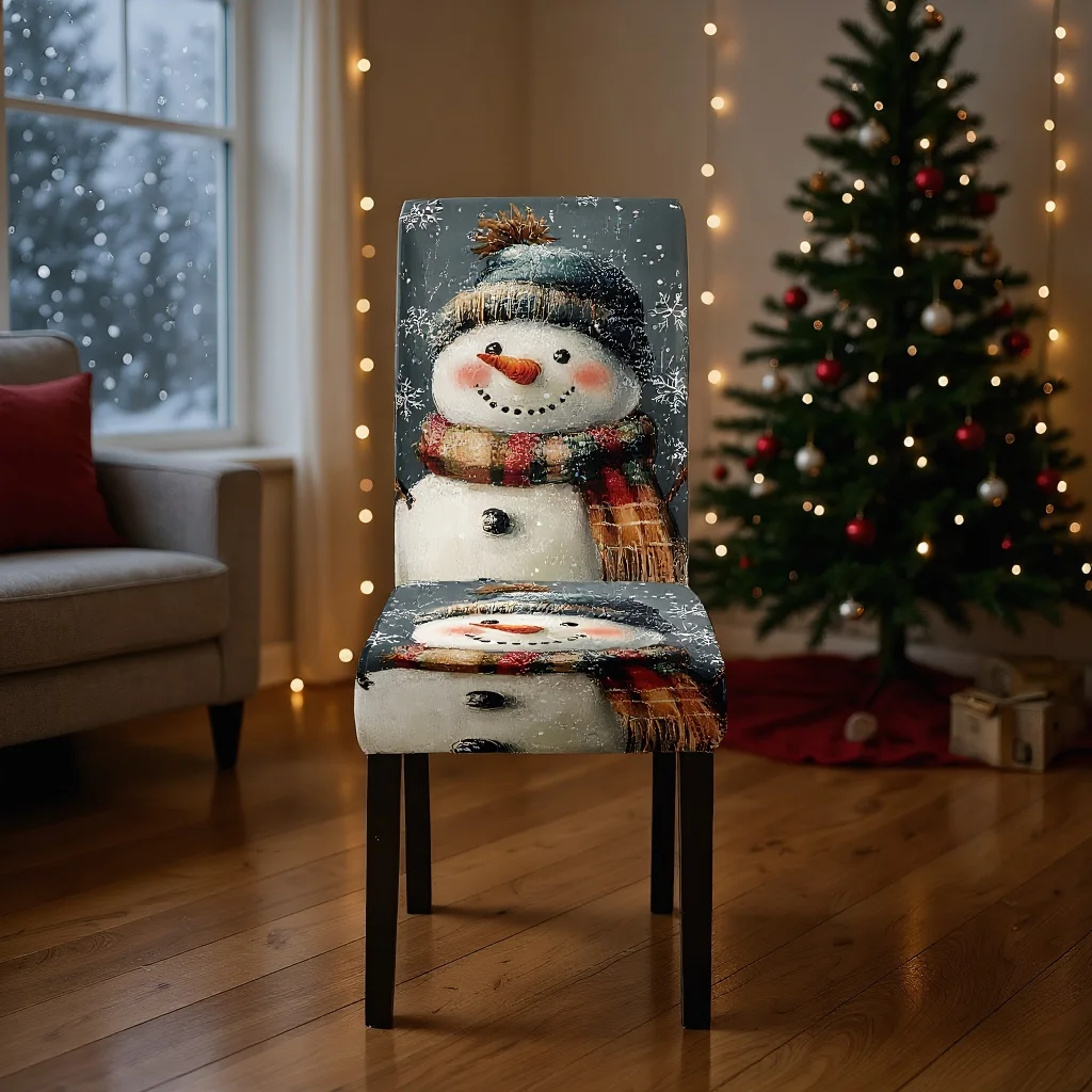 

4/6pcs Christmas Chair Cover Snowman Pattern Print Chair Cover Stretch Spandex Washable Dining Chair Cover