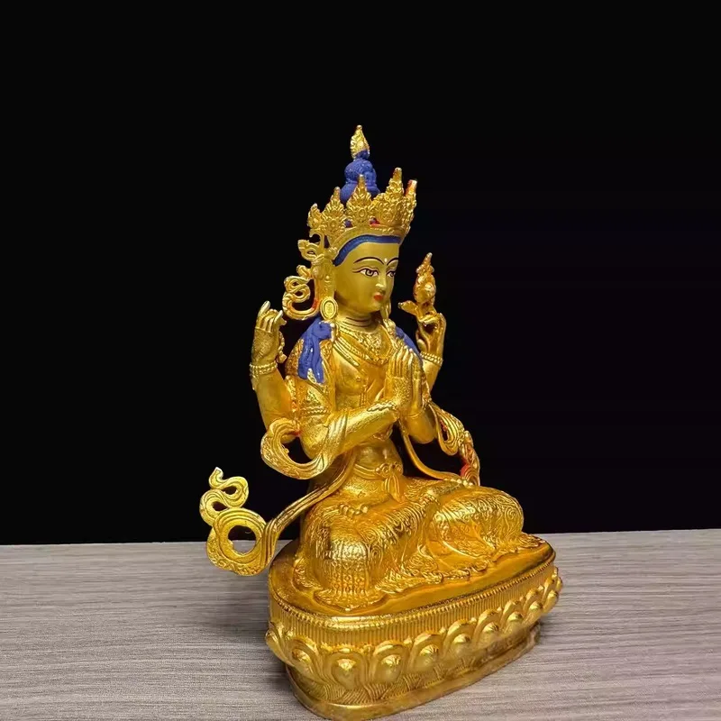 Tibetan-style four-armed Guanyin statue, made of pure copper and gilded, is a Tibetan Tantric ornament for home worship, suitabl