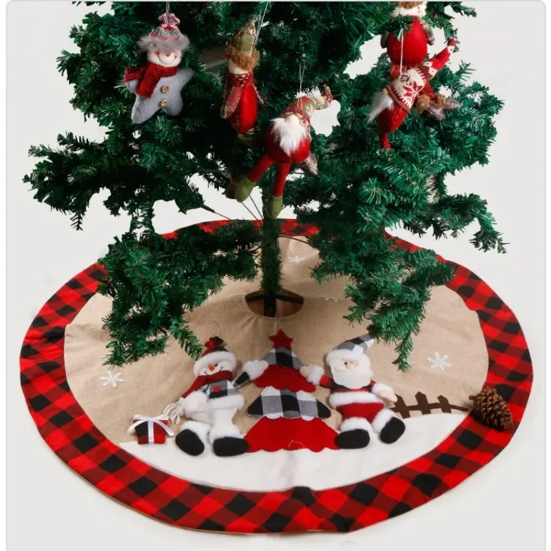 Dia 120cm Handmade Linen Christmas Tree Skirt Red Black Grid Hemline with Santa/Snowman Pattern Xmas Decorations Adornos Navidad