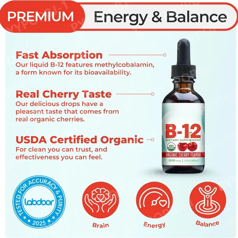 Vitamin B12 Drops 5000mcg Methylcobalamin Liquid Sublingual Supplement Cherry Flavor Vegan Sugar Free Daily Nutrition 60ml