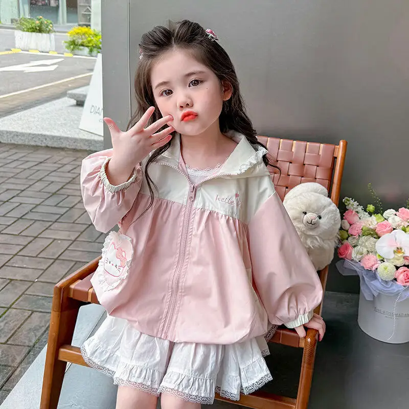

Детское пальто с героями мультфильмов «Hello Kitty», Sanrio для девочек, кавайная уличная куртка с капюшоном для отдыха, модная милая весенне-осенняя одежда, подарок для девочек