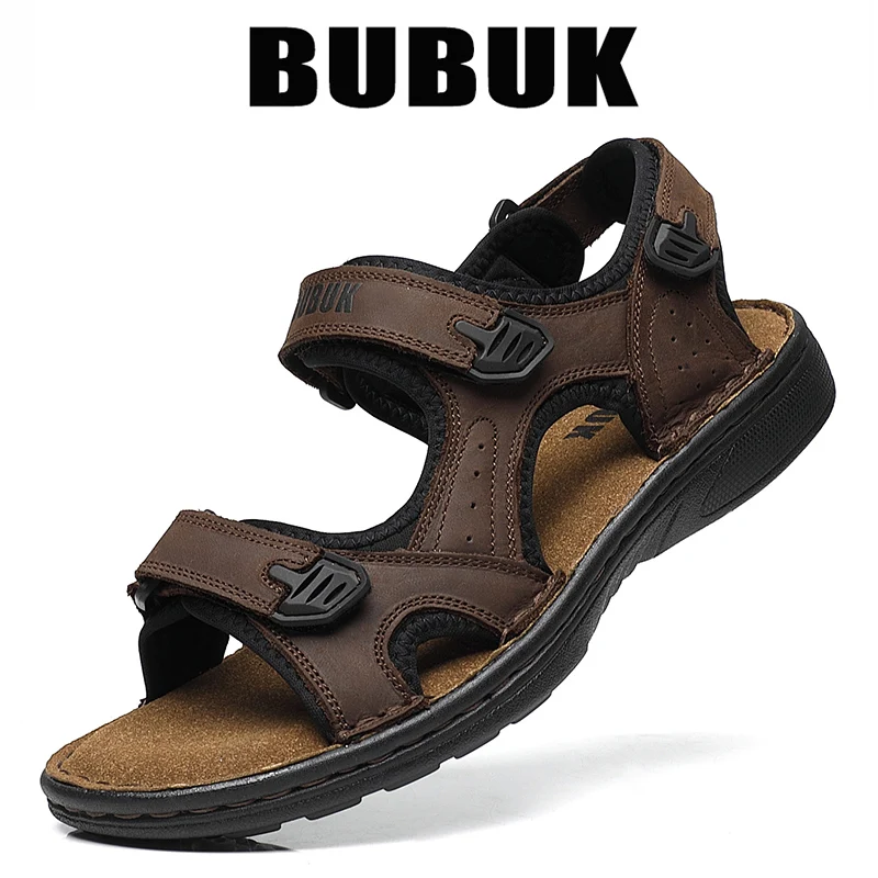 

Мужские спортивные сандалии Bubuk из натуральной кожи, уличные пляжные сандалии, регулируемые ремни на липучке, легко надеть и снимать, подходят для пеших прогулок, пляжа, треккинга, модная повседневная мужская обувь
