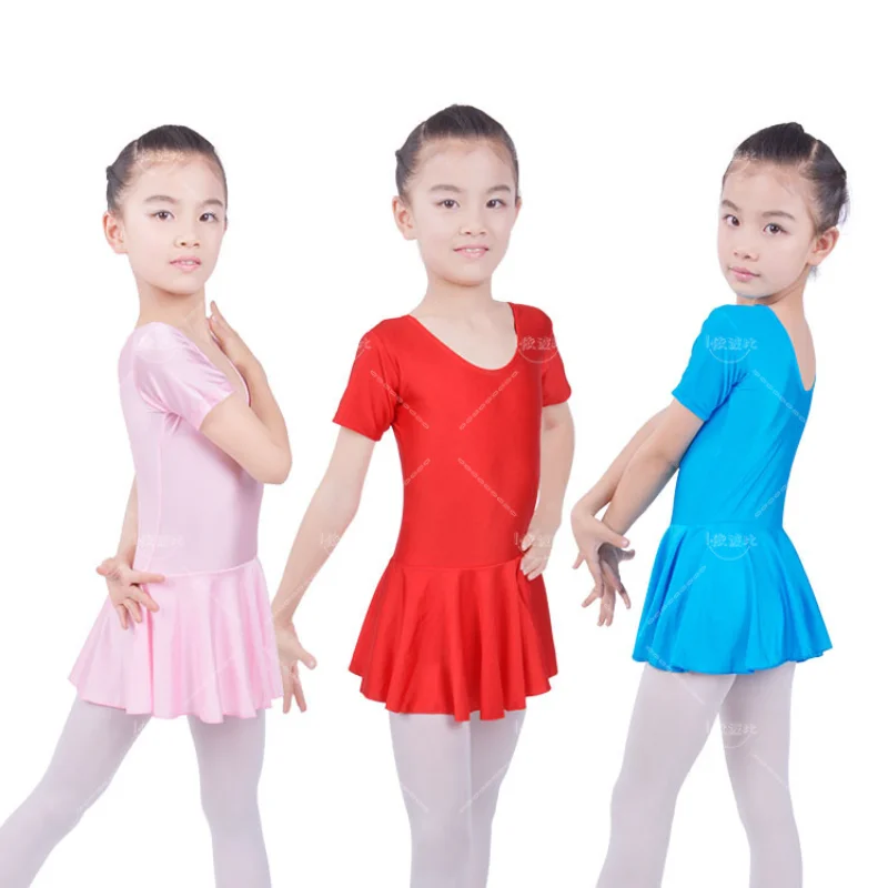 Children's Girls Gymnastics Short Sleeved Ballet Dance Costume with Short Skirt Girl Competition