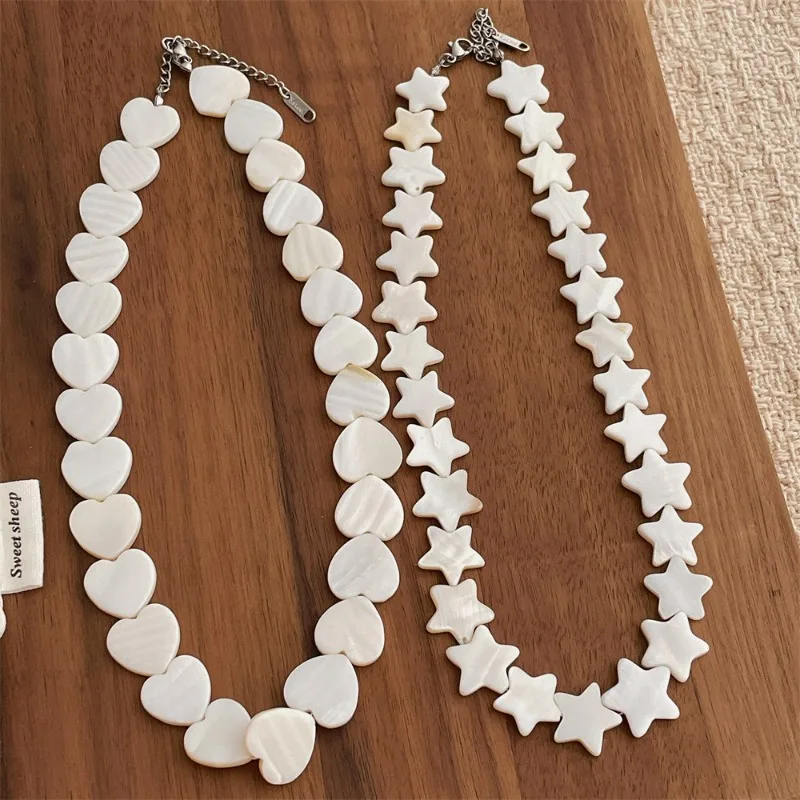 

Minar Textured 15 16mm White Color Natural Shell Star Love Heart Beaded Necklace for Women Silver Plated Chain Strand Chokers