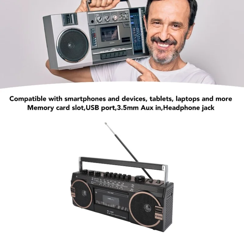 Lettore di cassette AM FM SW Bluetooth Vintage Ottima qualità del suono Porta USB 3,5 mm Aux In Registratore a nastro Nero Spina americana 110 V
