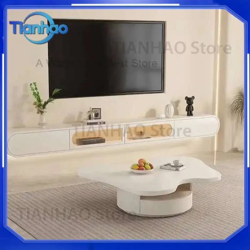 Modern TV Stand Floating Entertainment Center White Screen TV Cabinet for Postmodern Space Saving Furniture
