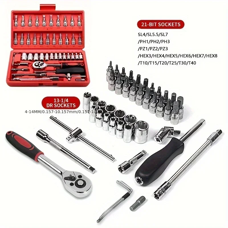 Professional Car Repair Tool Set Motorcycle Toolbox Set 46-Piece Set Car Repair Kit Ratchet Wrench Set Sockets Auto Repair Tools