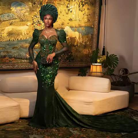 Gorgeous African Dark Green Lace Evening Dresses Long Train Sequin Beaded Wedding Reception Dress Aso Ebi Birthday Dress Custom