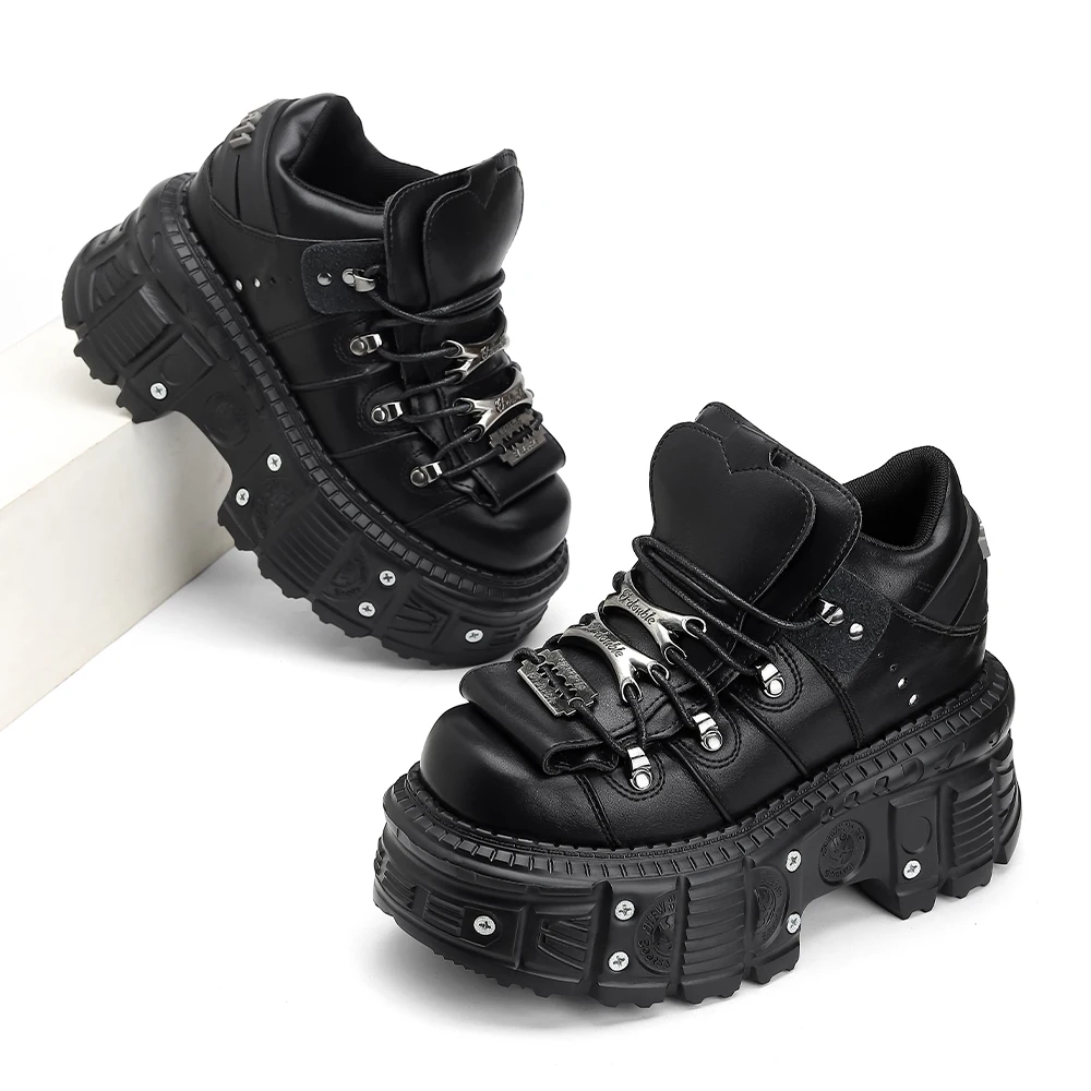 2025  Woman Sneakers New Punk Style Women Shoes Gothic Ankle Rock Boots Lace-up Heel Height Platform Shoes Woman Metal Decor