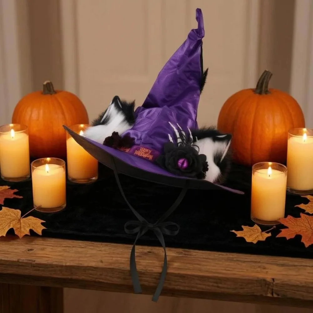 Feline Ear Witch Hat Flower Accent Arachnid Ornament Witch Hat Costume Accessory Cosplay Sturdy for Dress-up, Performance 2