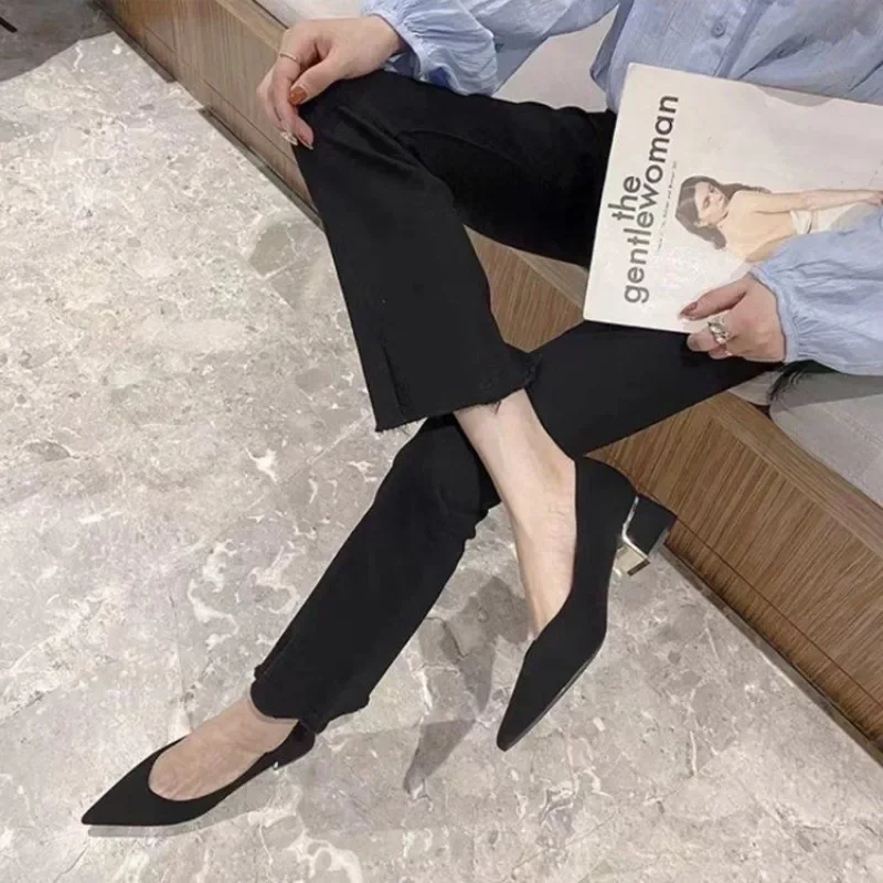 Buty ze szpiczastym noskiem dla kobiet Najnowsze buty na obcasie blokowym Chunky Heels Woman Pumps Koreański styl Promocja Gorąca oferta Wysokiej