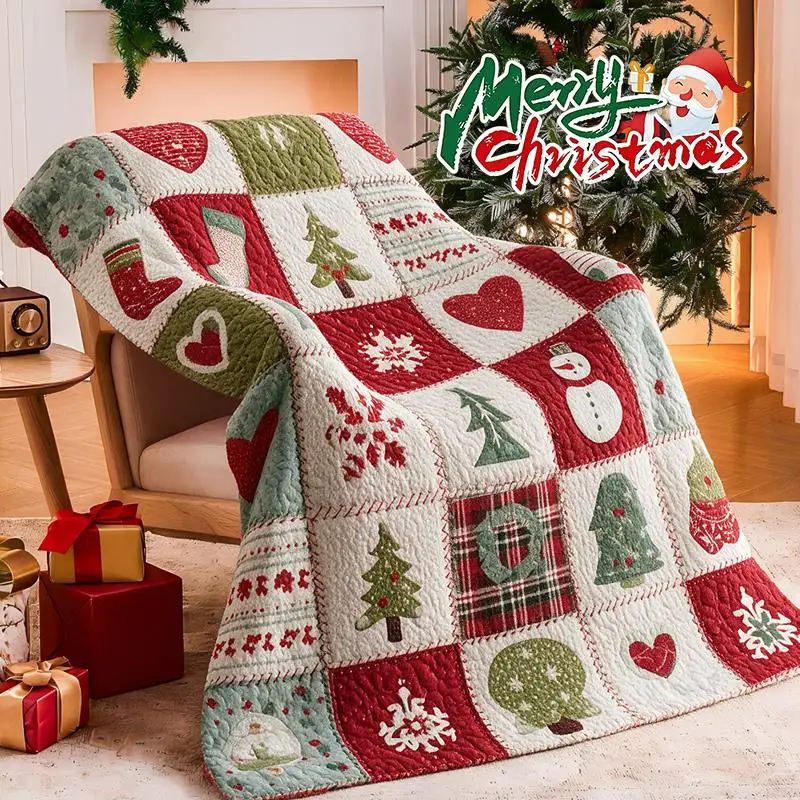 Christmas 2D Flat Print Flannel Blanket Snowman Red Heart Christmas Tree Stocking Design Throw Blanket Nordic Festive Home Decor